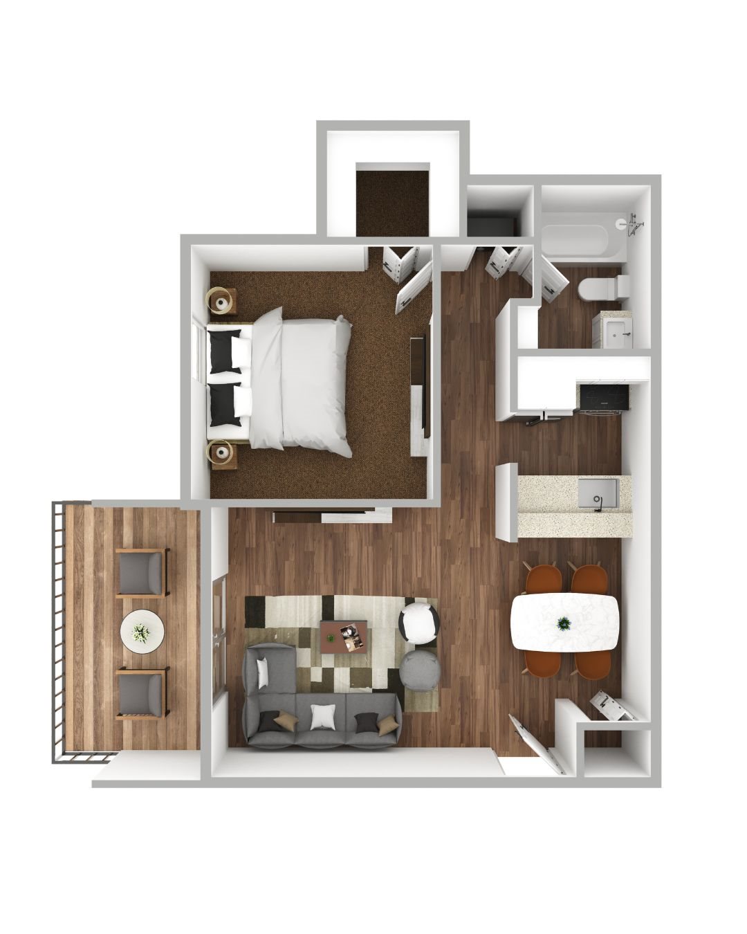 Linville Floorplan Overhead model of the Parkway Crossing Linville Floorplan, with one bedroom, one bathroom, luxury vinyl tile flooring, a balcony and a living room.